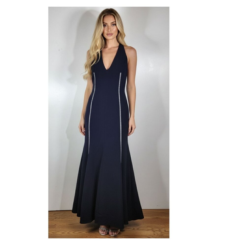 Gabriela Hearst Halter Maxi Dress with Contrast Stitching, Navy, Womens Size 8